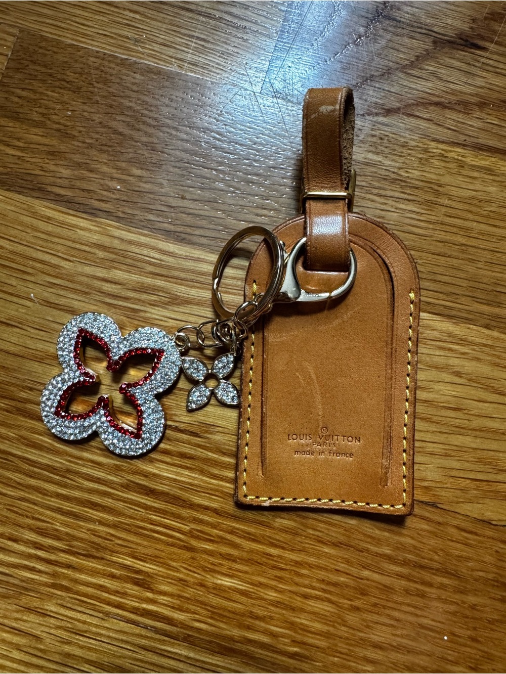 Louis Vuitton Brown Leather Luggage Tag with Red Crystal Flower Charm